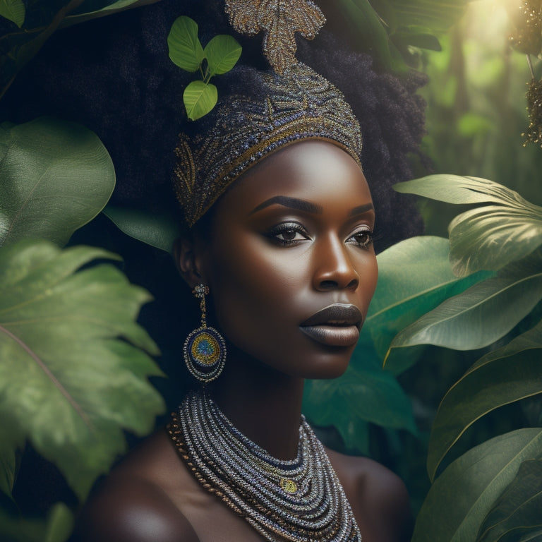 A whimsical illustration featuring a dark-skinned woman in a flowing, beaded headdress and exotic attire, surrounded by lush greenery, with a subtle spotlight effect highlighting her sensual silhouette.