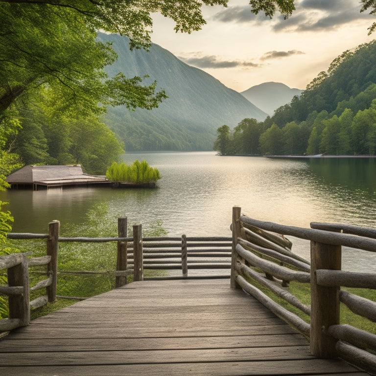 A serene lakeside scene with a wooden dock, surrounded by lush greenery and majestic mountains in the background, capturing the essence of Lake Lure's picturesque landscape.