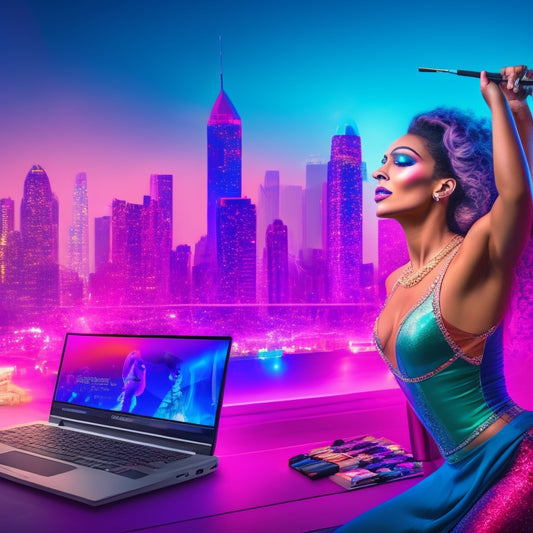 A vibrant illustration of a dancing woman in front of a laptop, surrounded by makeup brushes and cosmetic products, with a cityscape or dance studio blurred in the background.