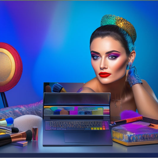 A vibrant, colorful illustration of a young woman sitting in front of a laptop, surrounded by makeup brushes and products, with a dance studio mirror reflection in the background.