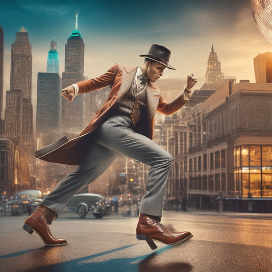 A vintage-style illustration of a tap dancer in mid-performance, surrounded by swirling musical notes and rhythmic patterns, with a cityscape or theatrical backdrop, evoking the energy of jazz and swing eras.