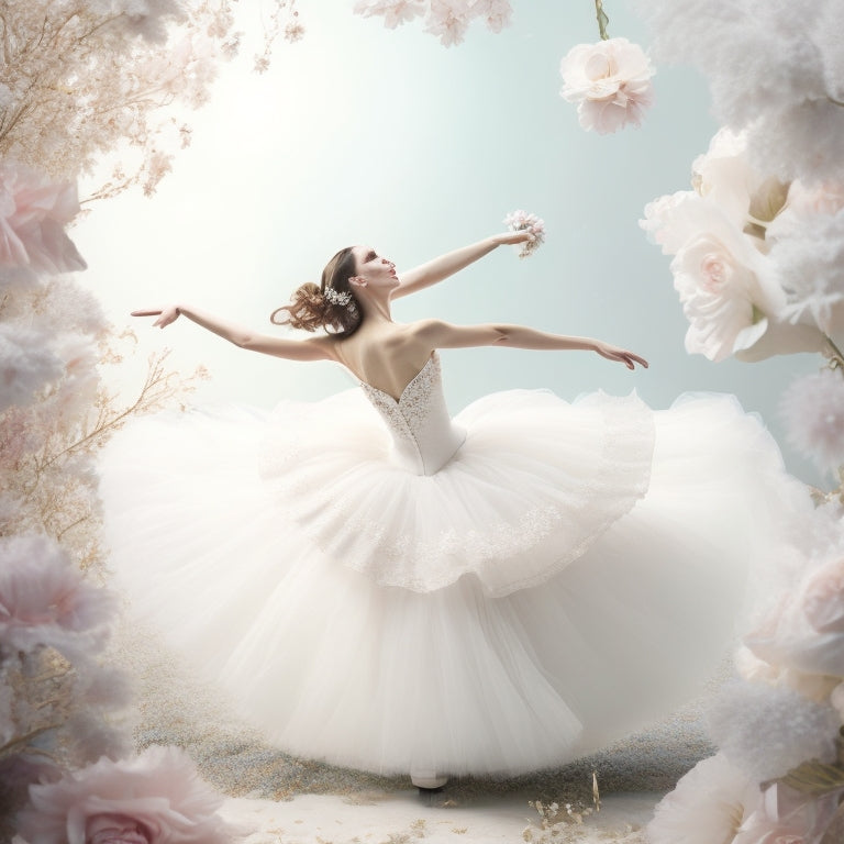 A whimsical illustration featuring a delicate ballerina surrounded by swirling abstract flowers, soft pastel hues, and subtle sparkles, set against a creamy white background with subtle texture.