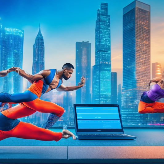 A stylized illustration of a dancer, yogi, and martial artist in motion, surrounded by laptops and tablets with screens displaying various online learning platforms, set against a blurred cityscape background.