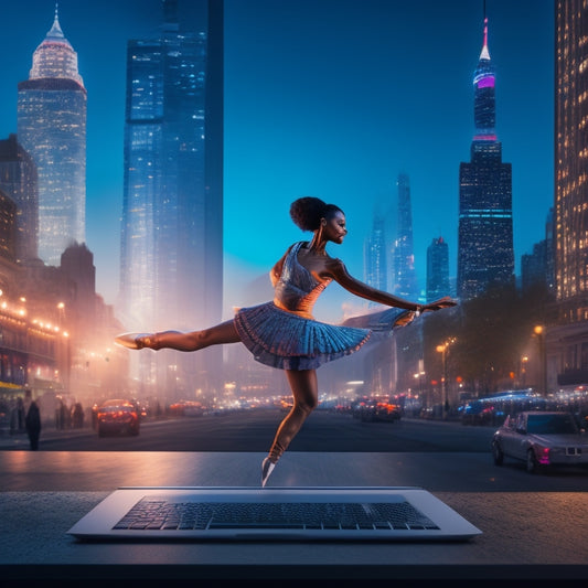 A stylized illustration featuring a laptop and a dancer in the background, surrounded by musical notes, dance shoes, and a subtle cityscape, with a subtle glow of success and creativity.