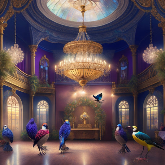 A whimsical illustration of Elder Hall's grand ballroom, transformed into a vibrant aviary, with colorful birds perched on chandeliers, dancing across the floor, and fluttering around a majestic, glittering bird-shaped disco ball.