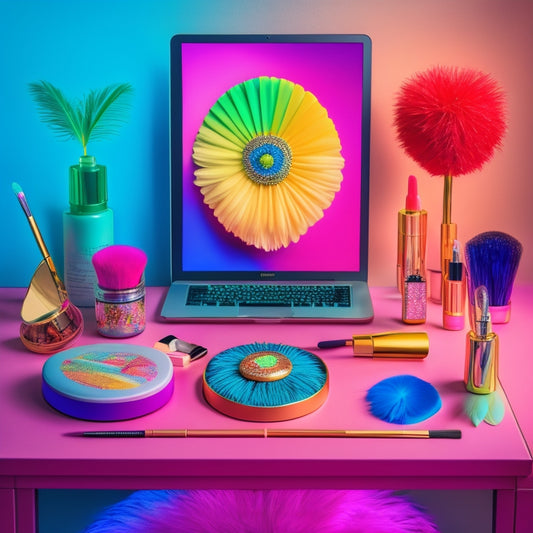 A colorful, symmetrical illustration of a makeup artist's workspace, featuring a vanity with a laptop, brushes, and colorful makeup products, surrounded by dance-inspired elements like ballet shoes, headshots, and feathers.