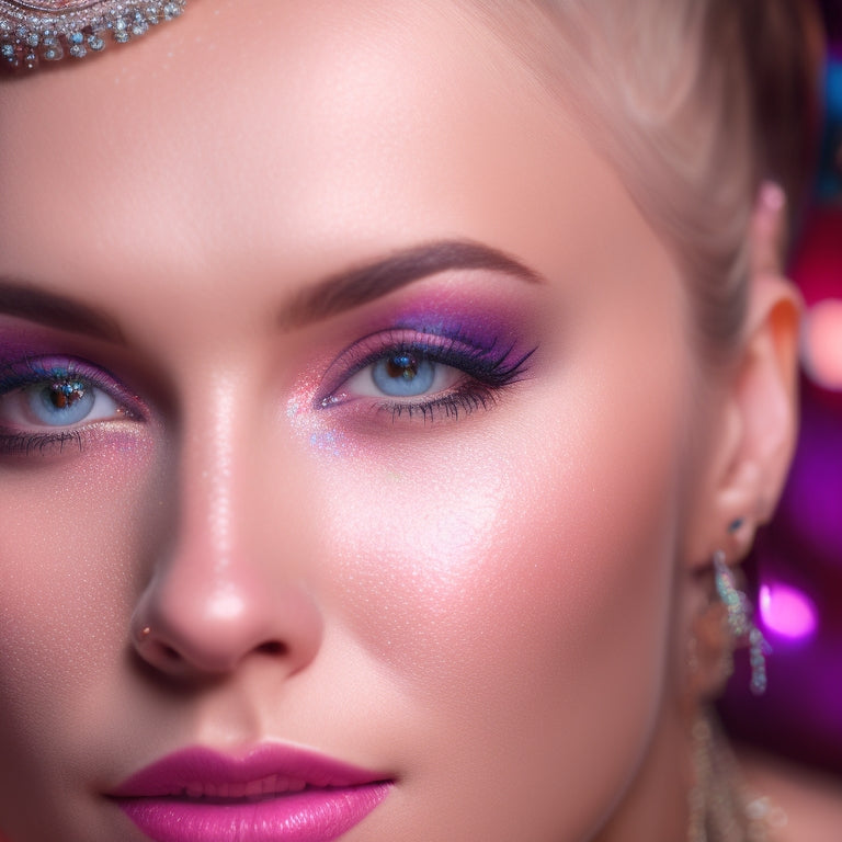 A close-up shot of a dancer's face, with a flawless, glamorous makeup look, soft focus background, and a few strategically placed rhinestones or sequins to hint at the dance theme.