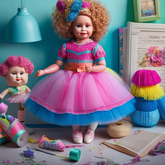 A colorful, whimsical illustration featuring a smiling, porcelain-skinned doll with curly locks, wearing a vibrant, layered tutu and ballet shoes, surrounded by scattered sewing patterns and threads.