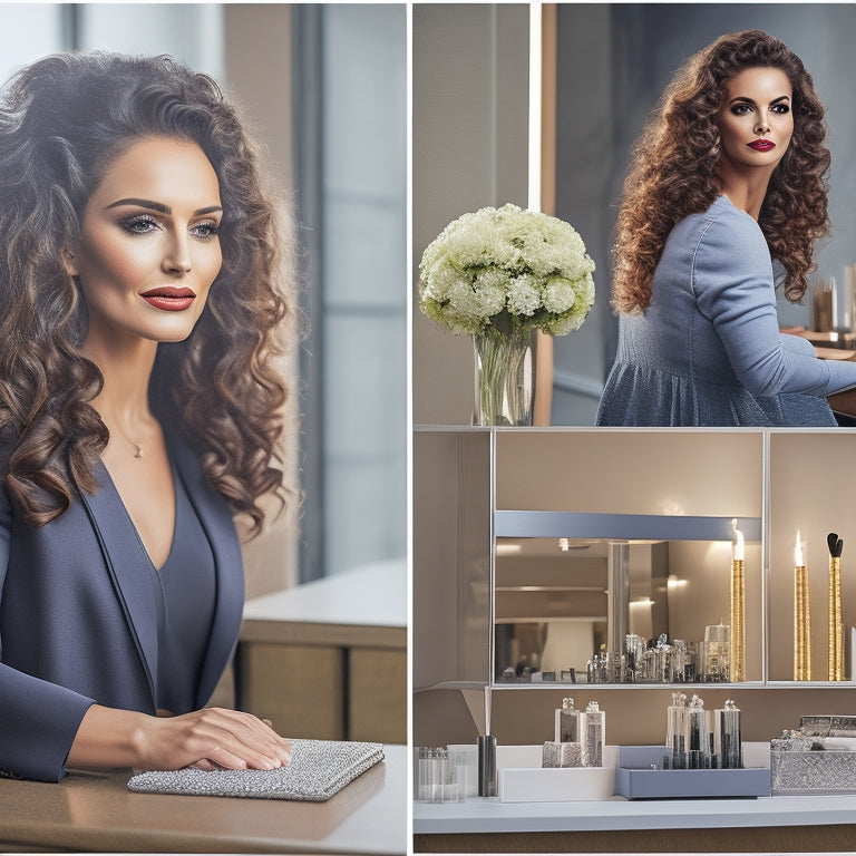 A warm-lit, luxurious salon interior with a stylish woman, Katherine, in her mid-30s, with curly brown hair, standing confidently in front of a sleek, modern workstation, surrounded by chic decor and hair styling tools.