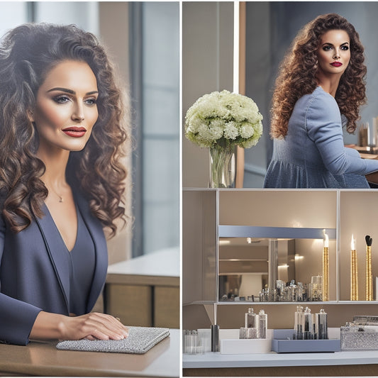 A warm-lit, luxurious salon interior with a stylish woman, Katherine, in her mid-30s, with curly brown hair, standing confidently in front of a sleek, modern workstation, surrounded by chic decor and hair styling tools.