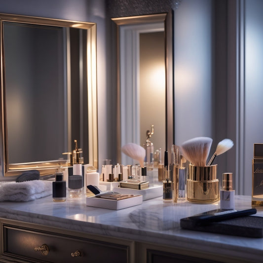 A soft-lit, glamorous makeup station with brushes, palettes, and products scattered across a marble countertop, surrounded by mirrors and elegant draping, with a blurred, shadowy figure in the background.