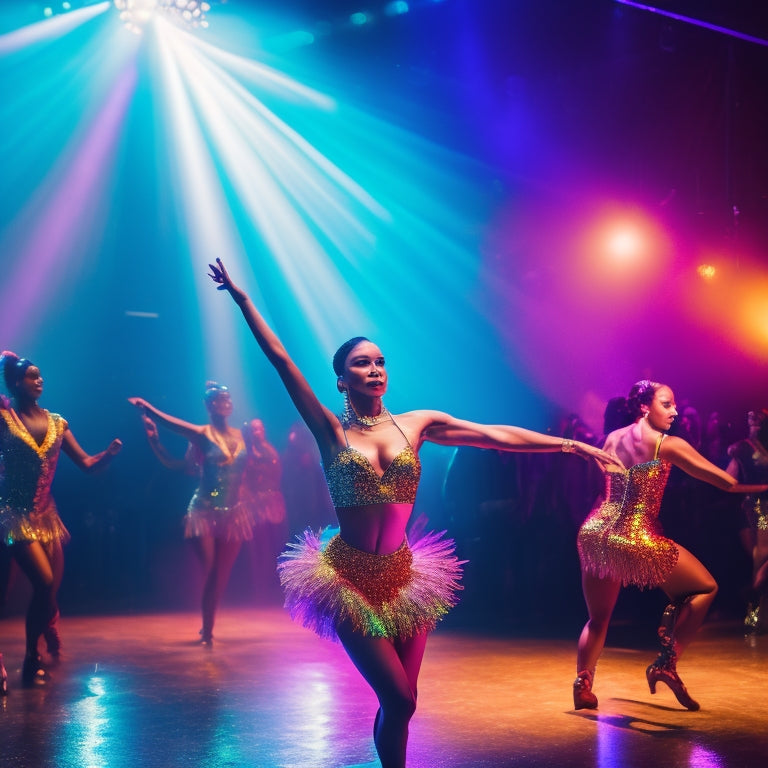 A spotlight shines on a solo dancer in a bold, bright costume, surrounded by blurred-out dancers in the background, with a subtle sparkly effect and vibrant colors.