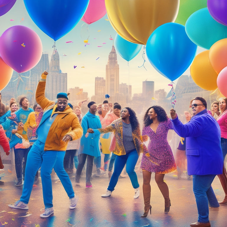 A vibrant illustration featuring a diverse group of people dancing freely in a bright, open space, surrounded by swirling patterns of colorful balloons and confetti, with a subtle hint of a cityscape in the background.