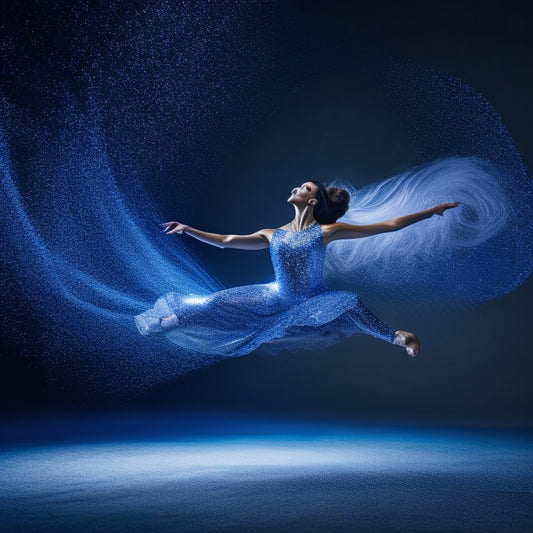 A solo dancer, spotlight-lit, in mid-leap, surrounded by swirling trails of glittering silver dust, against a dark, gradient-blue background, with subtle, shimmering stage lights reflecting off her outfit.