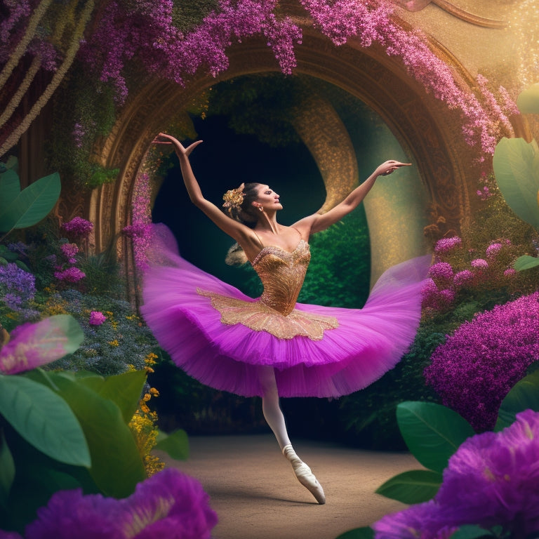 A whimsical illustration of a ballet dancer in mid-pirouette, surrounded by swirling ribbons of pink and purple, amidst a backdrop of ornate, golden ballet bars and lush, green foliage.