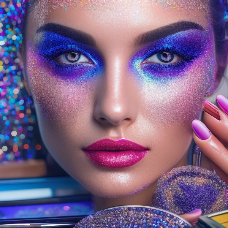 A close-up of a young woman's face, eyes and lips adorned with vibrant, glittering makeup, surrounded by scattered makeup brushes, mirrors, and laptops with screens displaying dance-inspired beauty tutorials.