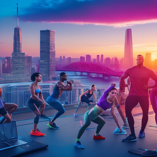 A vibrant illustration of a diverse group of people exercising together in a virtual fitness studio, surrounded by laptops and fitness equipment, with a subtle background of a cityscape at sunset.