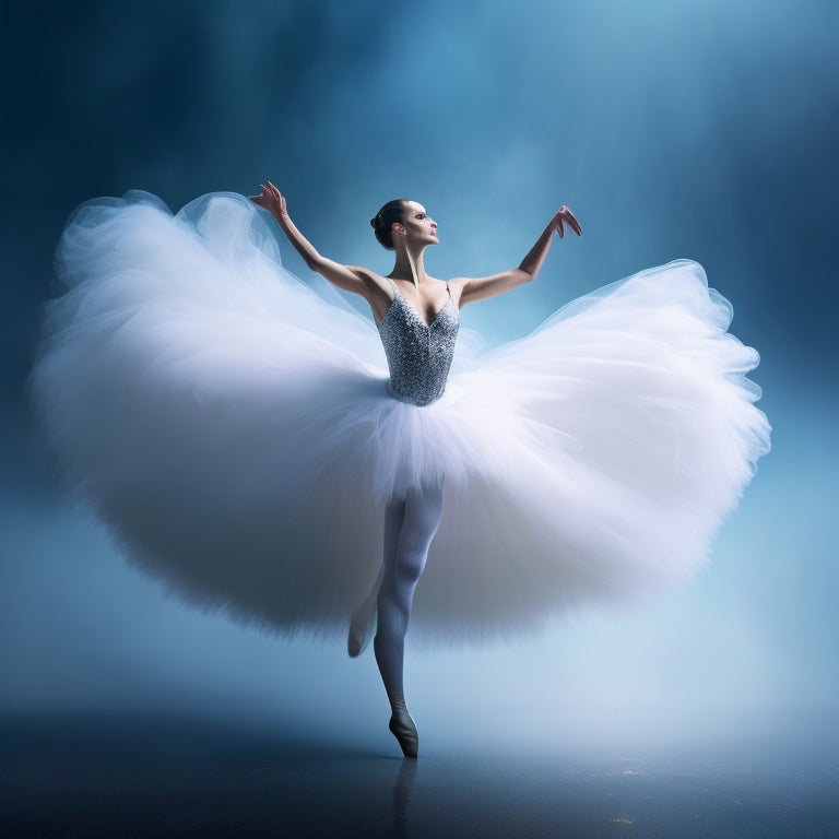 A whimsical illustration of a single ballerina, her body mirrored on either side, with one side in white tutu and the other in black, surrounded by wispy feathers and mist.