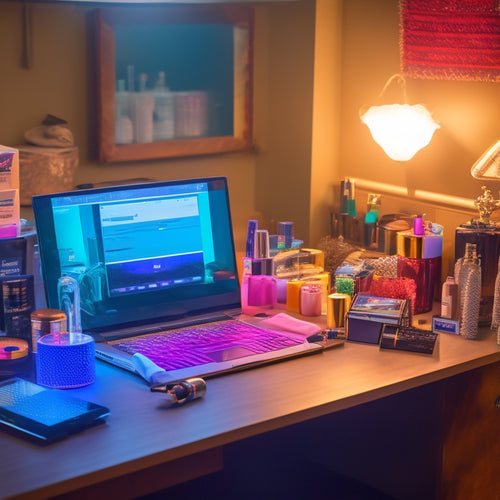 A backstage area with a cluttered vanity, scattered makeup products, and a laptop open to a digital calendar, surrounded by dance costumes and props, with a subtle spotlight shining down.