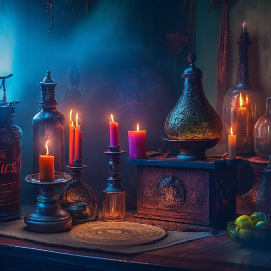 A dimly lit, mystical chamber filled with swirling mist, adorned with old potion bottles, twinkling candles, and an assortment of peculiar artifacts, with Hocus Pocus candles prominently displayed.