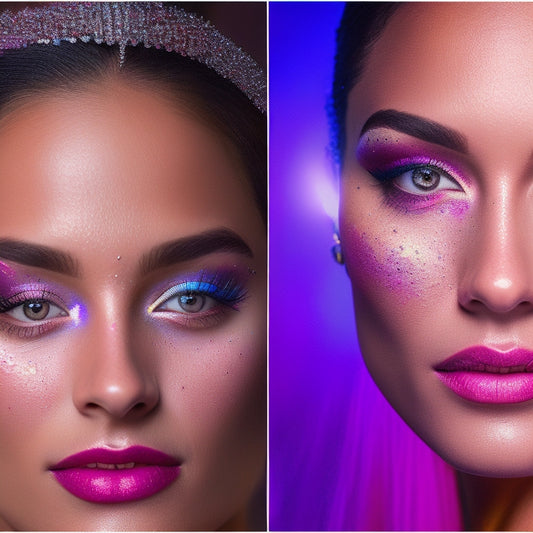 A split-screen image featuring a bare-faced beginner on the left, and a glamorous, digitally-enhanced dancer on the right, with bold, bright makeup and glittering accents.