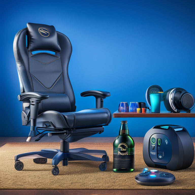 A sleek, black gaming chair with a curved backrest, surrounded by scattered accessories: a cooling pad, a wireless charging pad, a headset hook, and a cup holder with a soda can and gaming controller.