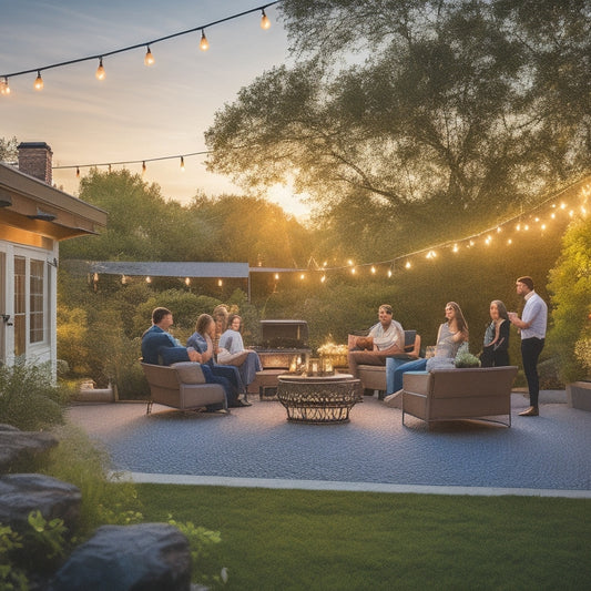 A spacious backyard with elegant outdoor sound systems, large speakers blending with lush greenery, twinkling string lights overhead, guests enjoying music by a vibrant sunset, and comfortable seating arrangements scattered around.