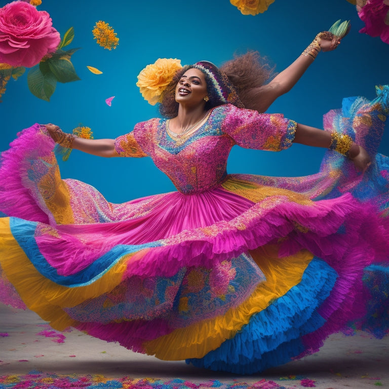 A vibrant illustration of a woman in mid-dance, surrounded by swirling ribbons of colorful fabric, with petals and flowers blooming from her outstretched arms, filling the air with joy and movement.