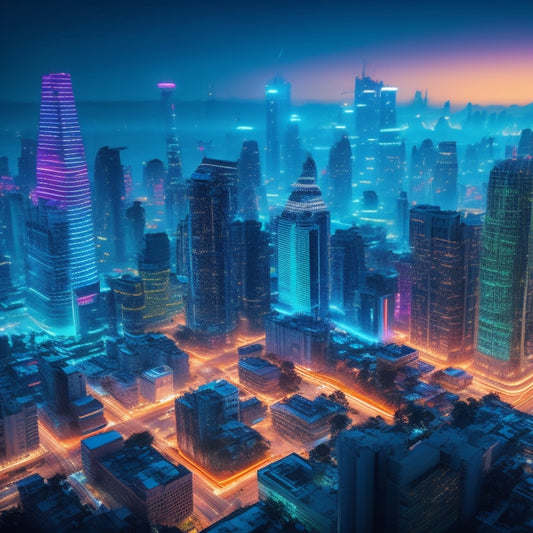 A futuristic, neon-lit cityscape at dusk, with sleek skyscrapers and glowing blue circuits embedded in the buildings, surrounded by orbiting coding symbols and stylized web development icons.