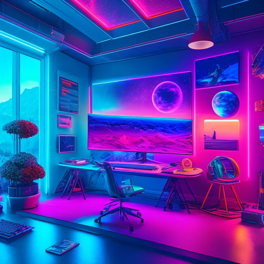 A vibrant, futuristic illustration studio with sleek, neon-lit workstations, surrounded by conceptual art pieces, colorful sketches, and futuristic gadgets, set against a dark, starry night sky.