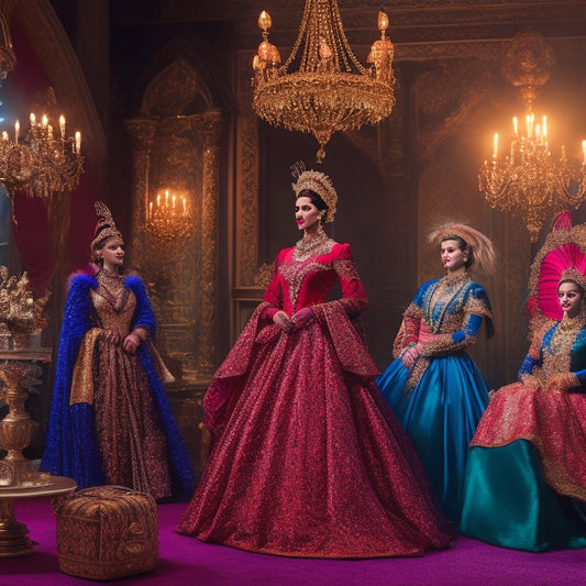 A vibrant stage adorned with luxurious, flowing fabrics in rich jewel tones, ornate costumes with intricate embellishments, feathered hats, dramatic capes, and sparkling accessories, all illuminated by dramatic spotlighting and theatrical backdrops.