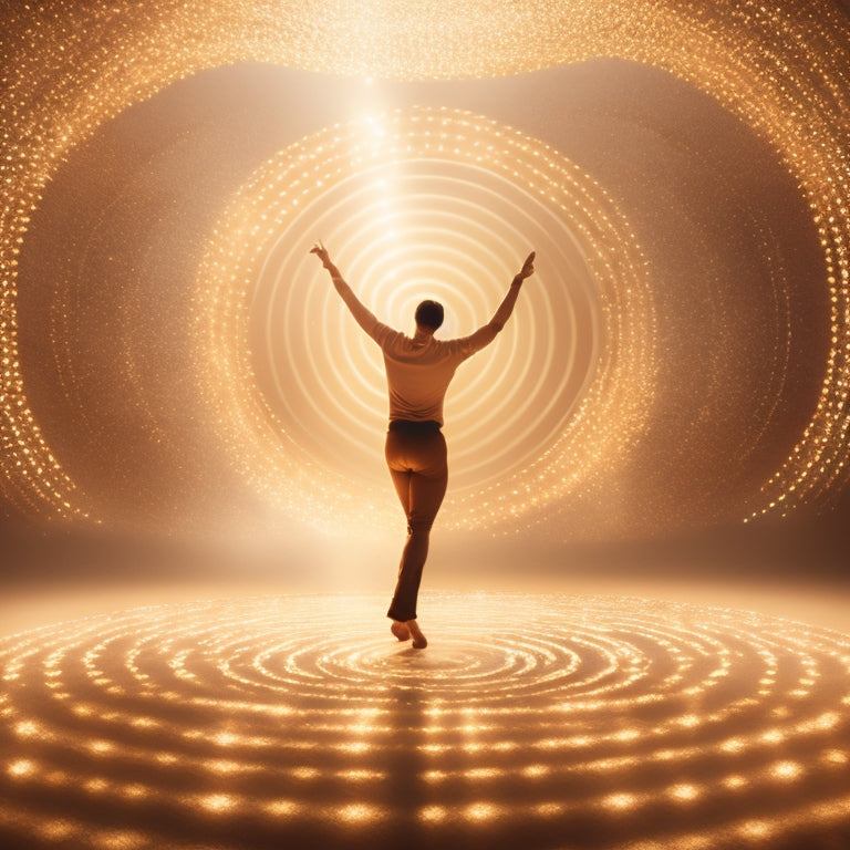 An illustration of a clumsy male figure, surrounded by faint, swirling circles, with one foot lifted and arms outstretched, set against a warm, golden background with subtle dance floor lights.