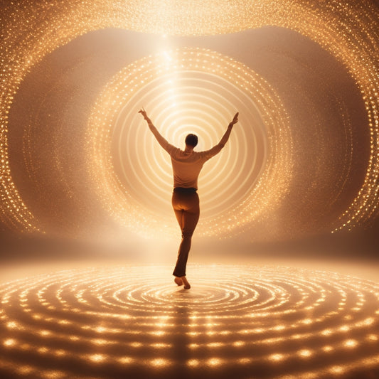 An illustration of a clumsy male figure, surrounded by faint, swirling circles, with one foot lifted and arms outstretched, set against a warm, golden background with subtle dance floor lights.