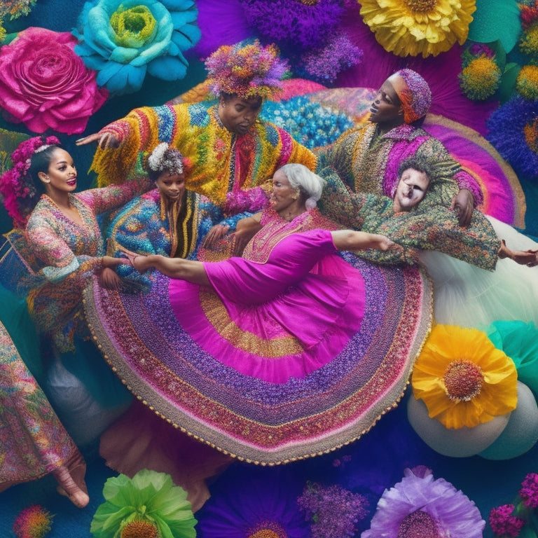 A vibrant, colorful illustration of diverse dancers of different ages, abilities, and ethnicities moving together in harmony, surrounded by swirling patterns of rainbow-hued fabrics and flowers.