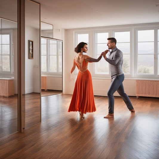 A dancing couple in a bright, modern studio, surrounded by mirrors and wooden floors, standing in a closed position, with the leader's right hand on the follower's left shoulder blade, and the follower's right hand on the leader's left shoulder.