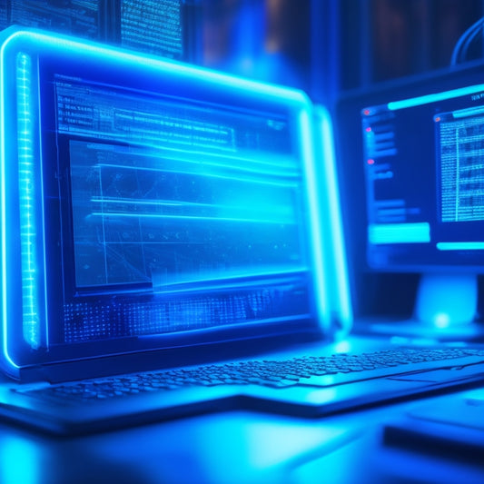 A futuristic coding terminal with glowing blue lines of code, surrounded by scattered coding symbols and diagrams, with a holographic display of a debugging process in the background.