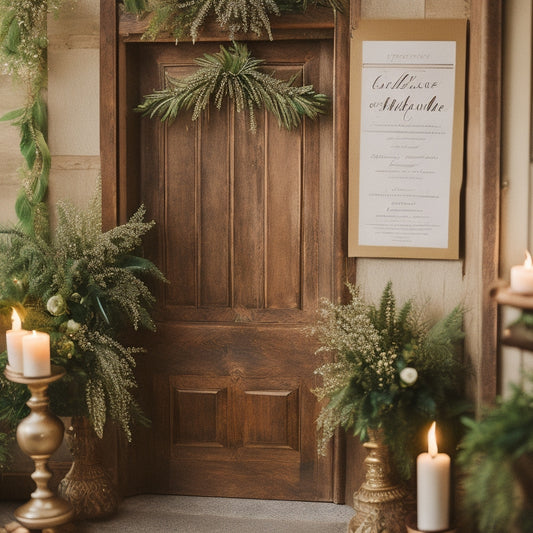 A whimsical, golden-lit wedding scene with a beautiful, ornate wooden door adorned with lush greenery, soft candlelight, and a bespoke wedding sign with intricate calligraphy, suspended from a delicate ribbon.