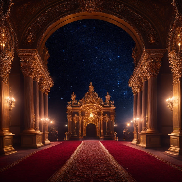 A vibrant, starry night sky serves as the backdrop for a red carpet leading up to a grand, ornate theatre entrance, adorned with golden accents and illuminated by warm, soft stage lights.