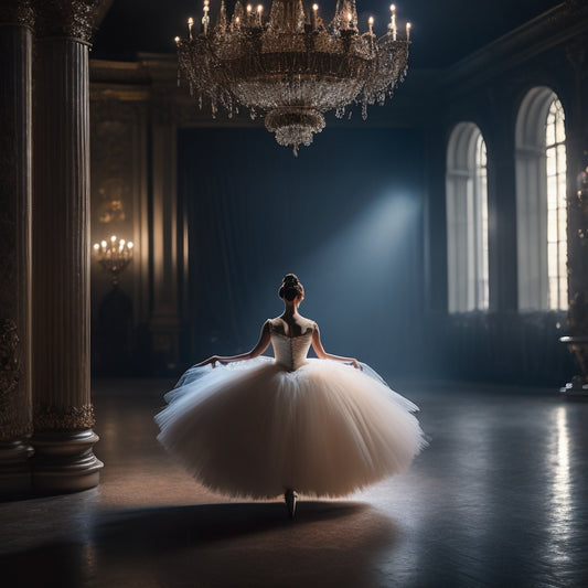 A dimly lit, ornate theater with a lone ballerina standing center stage, surrounded by velvet curtains, her tutu a soft, feathery mist, spotlight casting an ethereal glow on her poised, elegant form.