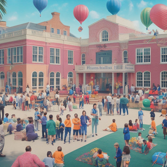 A vibrant illustration of a bustling school courtyard, featuring diverse students of various ages and abilities gathered around colorful banners, balloons, and a giant calendar filled with exciting events and activities.