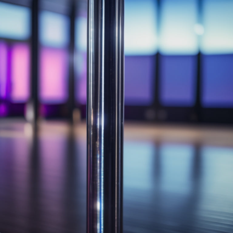 A close-up of a shiny chrome dance pole with a subtle sparkle, surrounded by a blurred-out fitness studio background with a few exercise mats and mirrors in the distance.