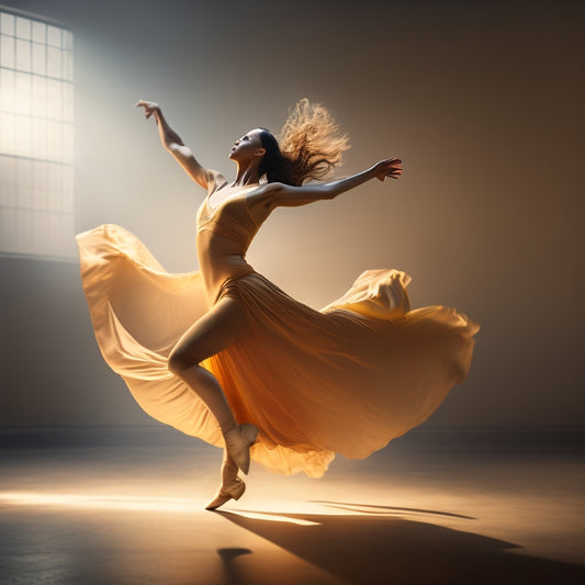 A warm, golden-lit dance studio with a subtle gradient of misty blue, featuring a lone dancer in mid-air, suspended in a powerful, twisted pose, surrounded by faint, swirling lines evoking movement and energy.