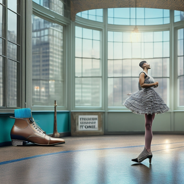 A whimsical illustration of a person in a dance studio, wearing tap shoes, standing on a laminate floor, with tap shoes and music notes surrounding them, amidst a subtle cityscape background.