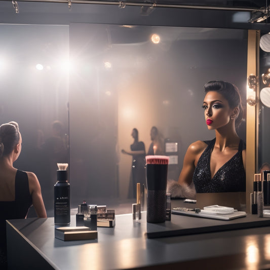 A spotlight shines on a glamorous performer, surrounded by mirrors and makeup stations, with various cosmetics and brushes scattered around, amidst a dark, sleek, and modern dance studio backdrop.