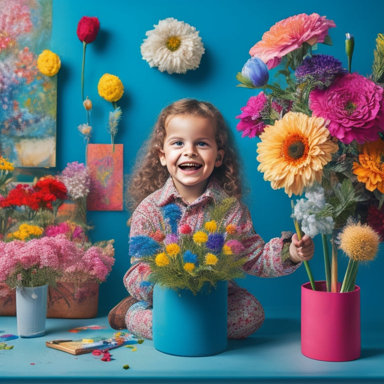 A colorful illustration of a cheerful, smiling child surrounded by a vibrant floral arrangement, holding a paintbrush and standing in front of a large, blank canvas with scattered art supplies.