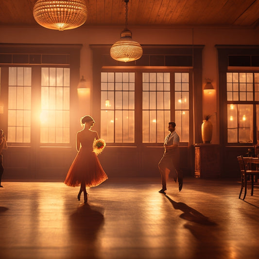 A warm, sunset-lit dance studio scene with a vintage, distressed wooden floor, surrounded by retro-colored lanterns, and a lone, iconic, circa-1960s-style, nostalgic dance silhouette.