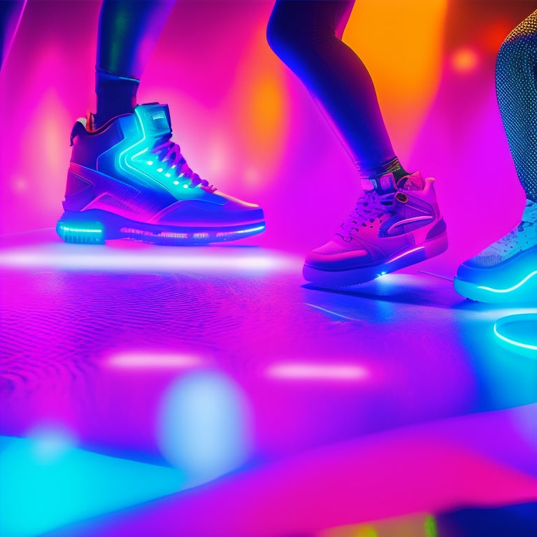 A vibrant, neon-lit dance floor with sleek, futuristic dance gear scattered around, including high-tech headphones, glowing shoes, and a holographic dance mat, all surrounded by swirling, colorful lights.