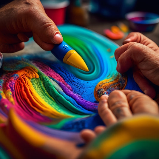 A close-up of a painter's hands, with fingers stained with vibrant colors, holding a brush that's strokes are blending into a swirling vortex of metamorphic shapes and colors.