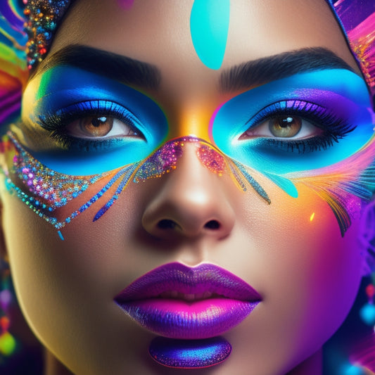 A stylized illustration of a dancer's face with vibrant, colorful makeup, surrounded by swirling digital elements like Wi-Fi signals, screens, and social media icons, blending art and technology.