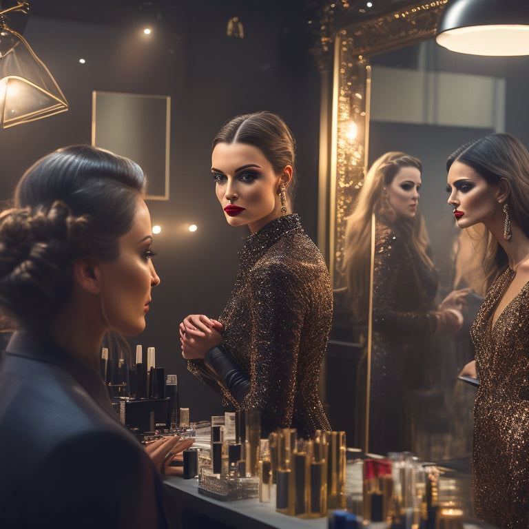 A cluttered, dimly lit backstage area with mirrors, makeup stations, and rows of designer clothing racks, featuring a stunning model posing in a glamorous outfit, surrounded by busy stylists and makeup artists.